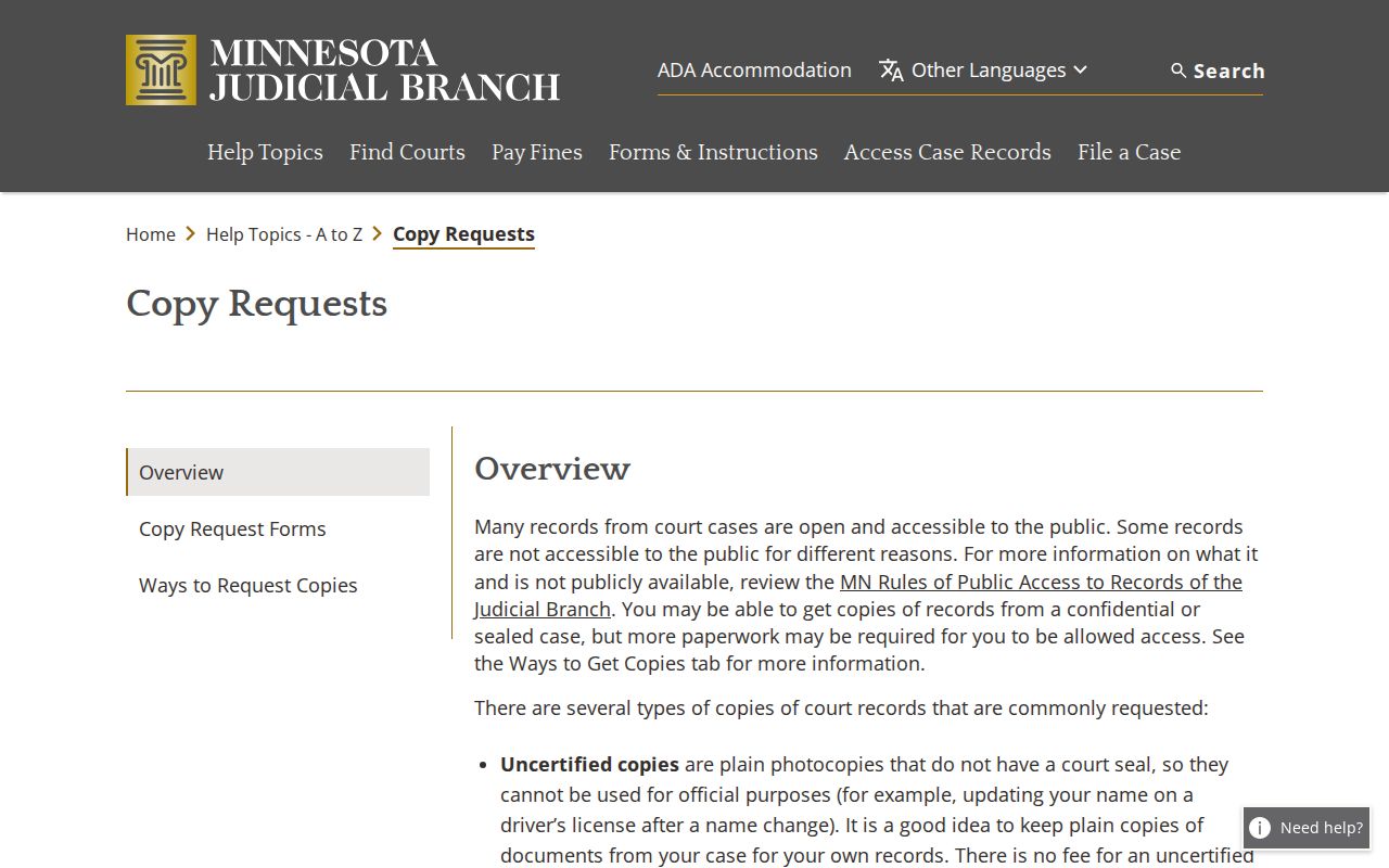 Martin County court records screenshot of Minnesota Courts copy-request help