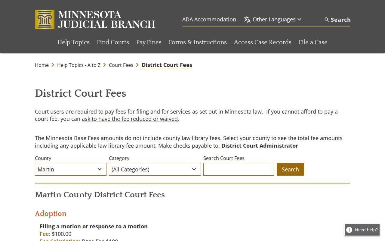 Martin County court records screenshot of Minnesota District Court fees