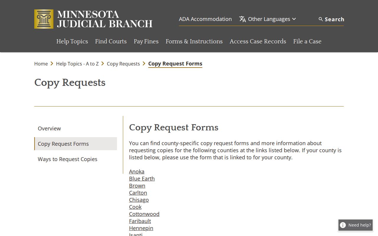 Martin County court records screenshot of Minnesota copy-request forms