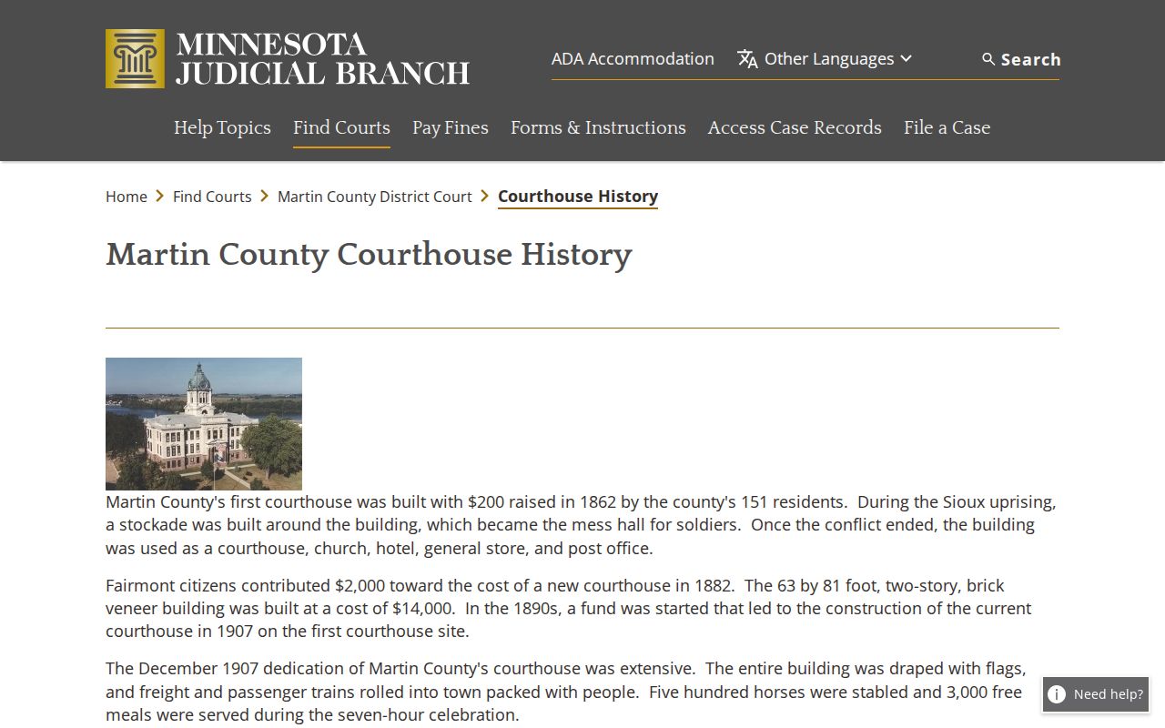 Martin County criminal docket courthouse history at the Fairmont court location