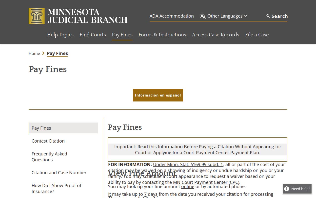Martin County traffic court records screenshot of Minnesota Court Payment Center payment page