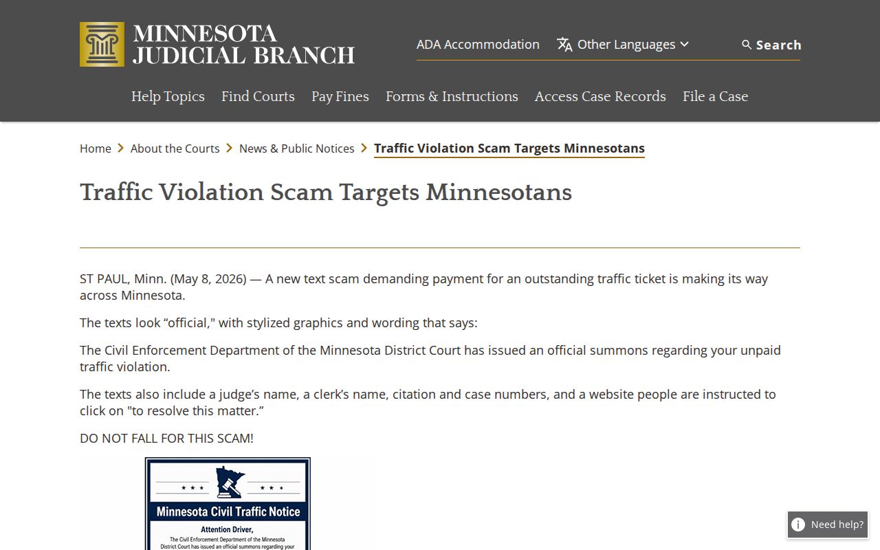 Martin County traffic court records screenshot of Minnesota traffic-violation scam warning