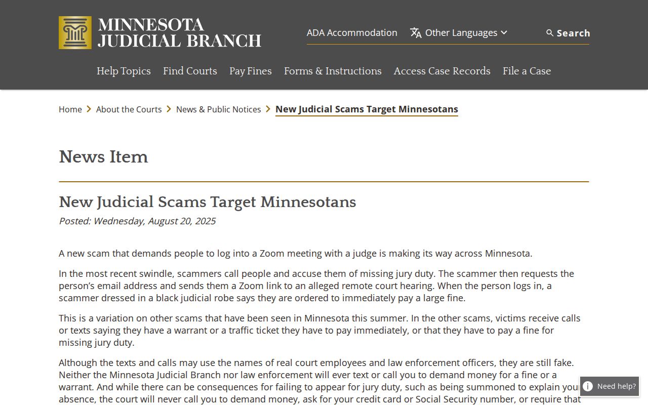 Martin County traffic court records screenshot of Minnesota judicial scam warning
