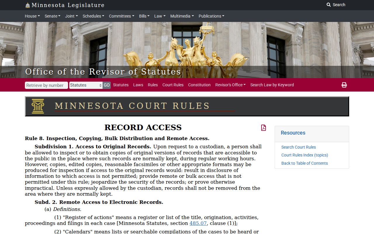 Martin County traffic court records screenshot of Minnesota Rule 8 public access rule
