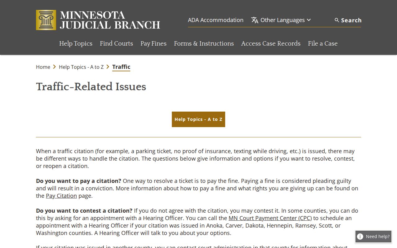 Martin County traffic court records screenshot of Minnesota traffic issues information