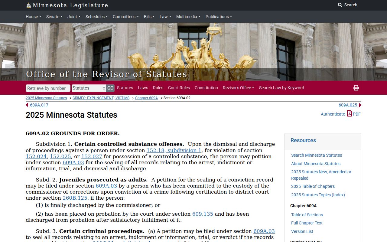 Martin County case search expungement order law under Minnesota Statutes 609A.02